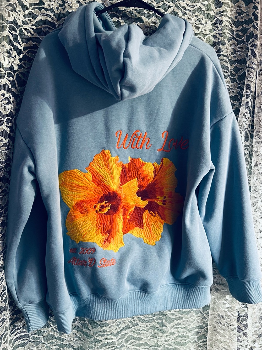 Altar’d State Blue and Orange With Love Hoodie Oversized Sweater Size Small